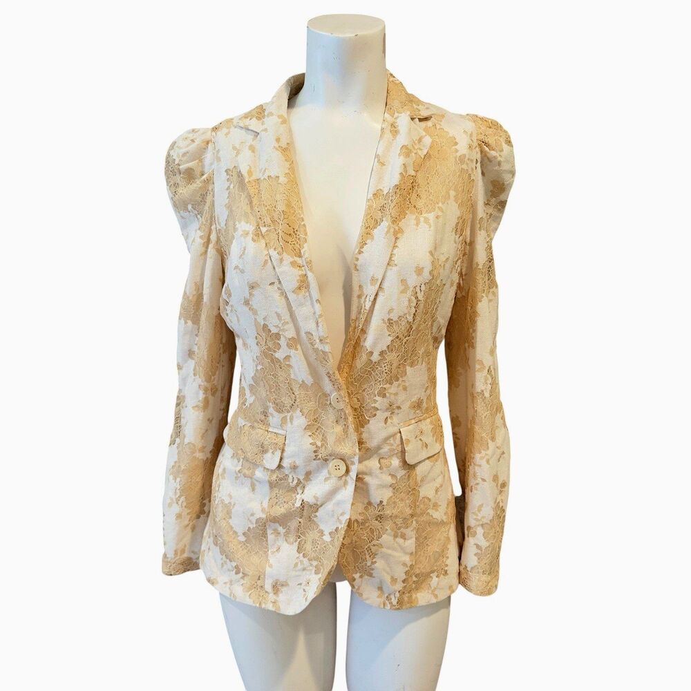 Dolan Blazer Women Small Beige Gold Floral Lace Left Coast Collection Jacket EUC